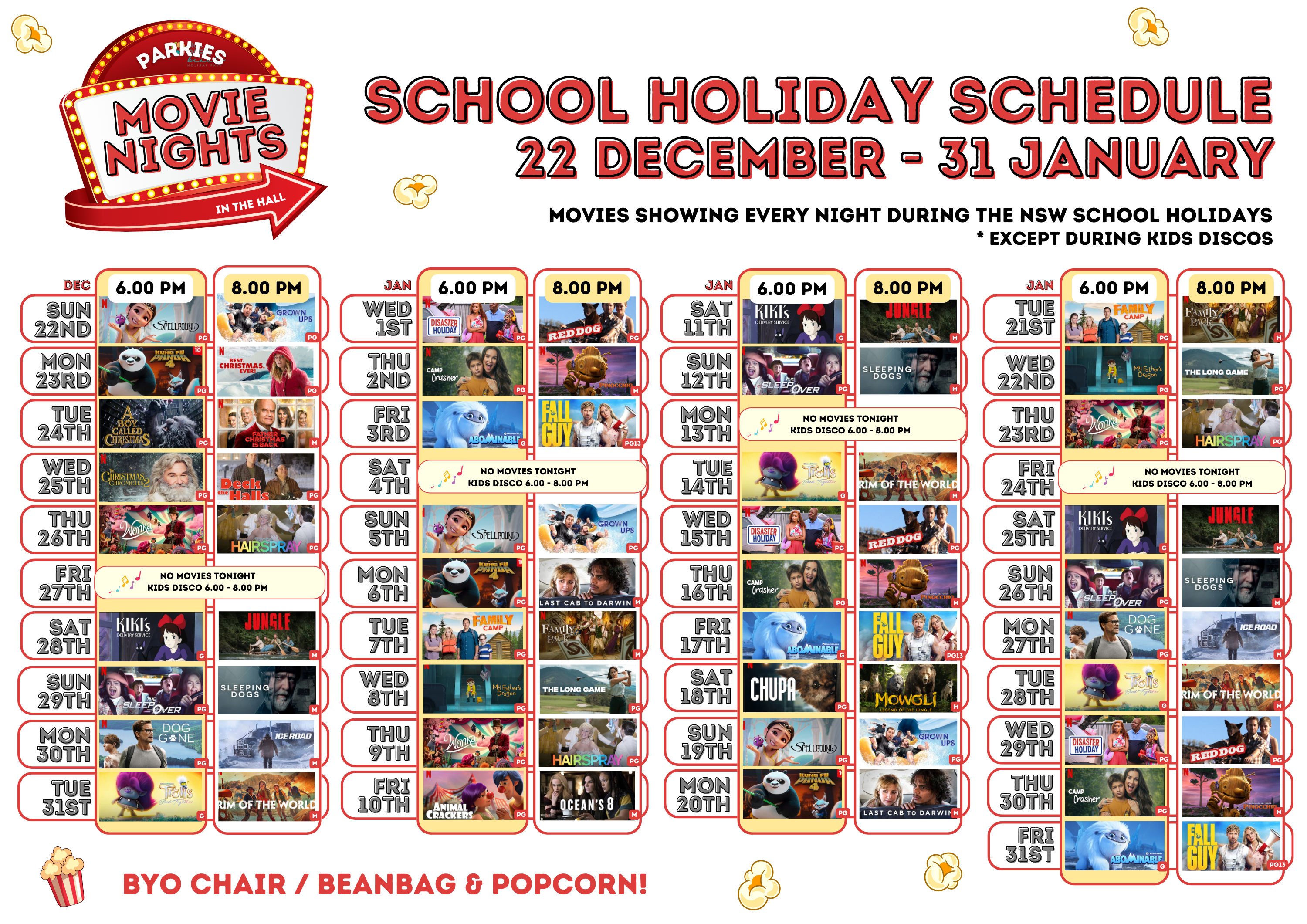 BIG4 Park Beach Holiday Park - Movie Nights - Summer 24-25 School Holiday Schedule